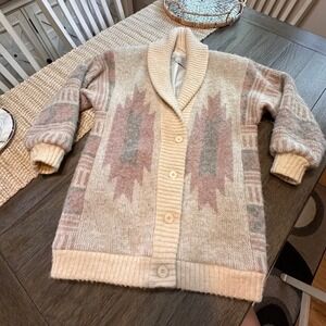 VTG Hilda Ltd. Icelandic Wool Knit Cardigan Sweater Womens Oversized Aztec Print